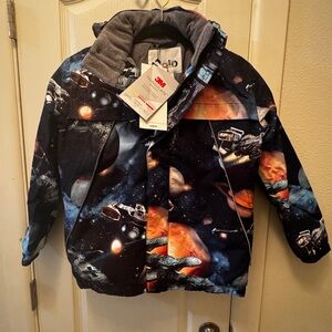 Molo Kids Cosmic Adventure Puffer Jacket - Navy and Orange